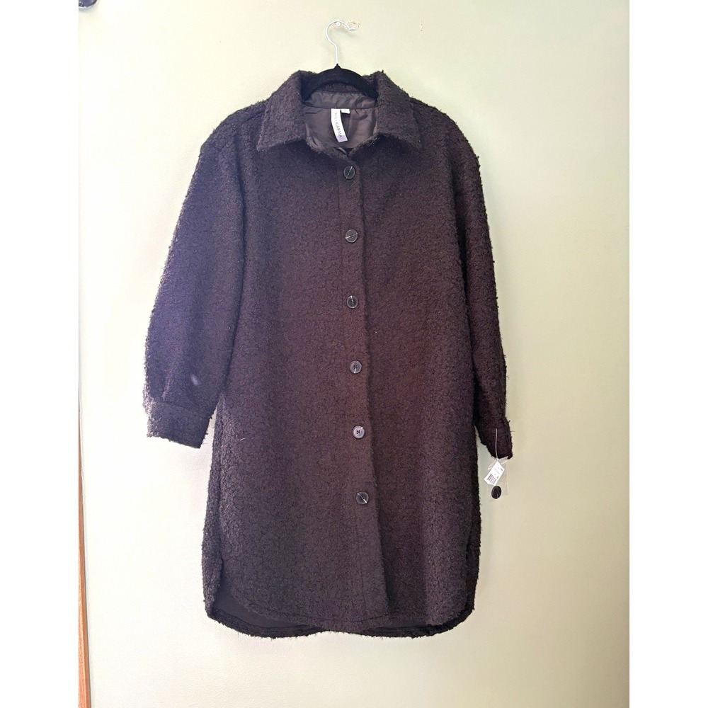 Grace + Karma Fuzzy Shacket Jacket Button Front Collared Relaxed Long S Black